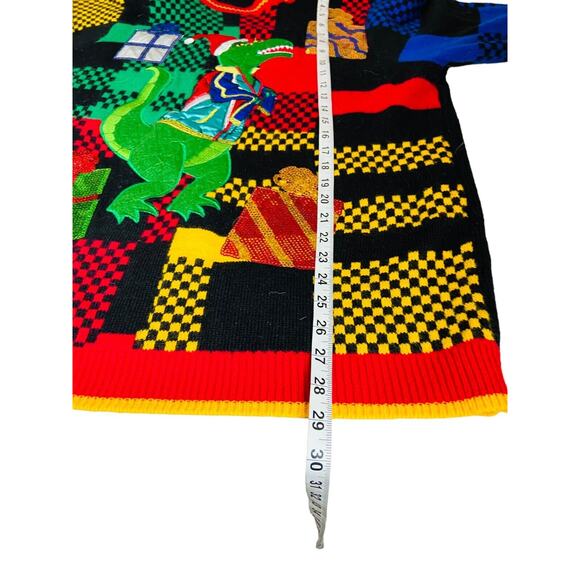 Ugly Christmas Sweater Dinosaur T-Rex Santa Hat Present Plaid Unisex Sweater XL - Picture 6 of 8